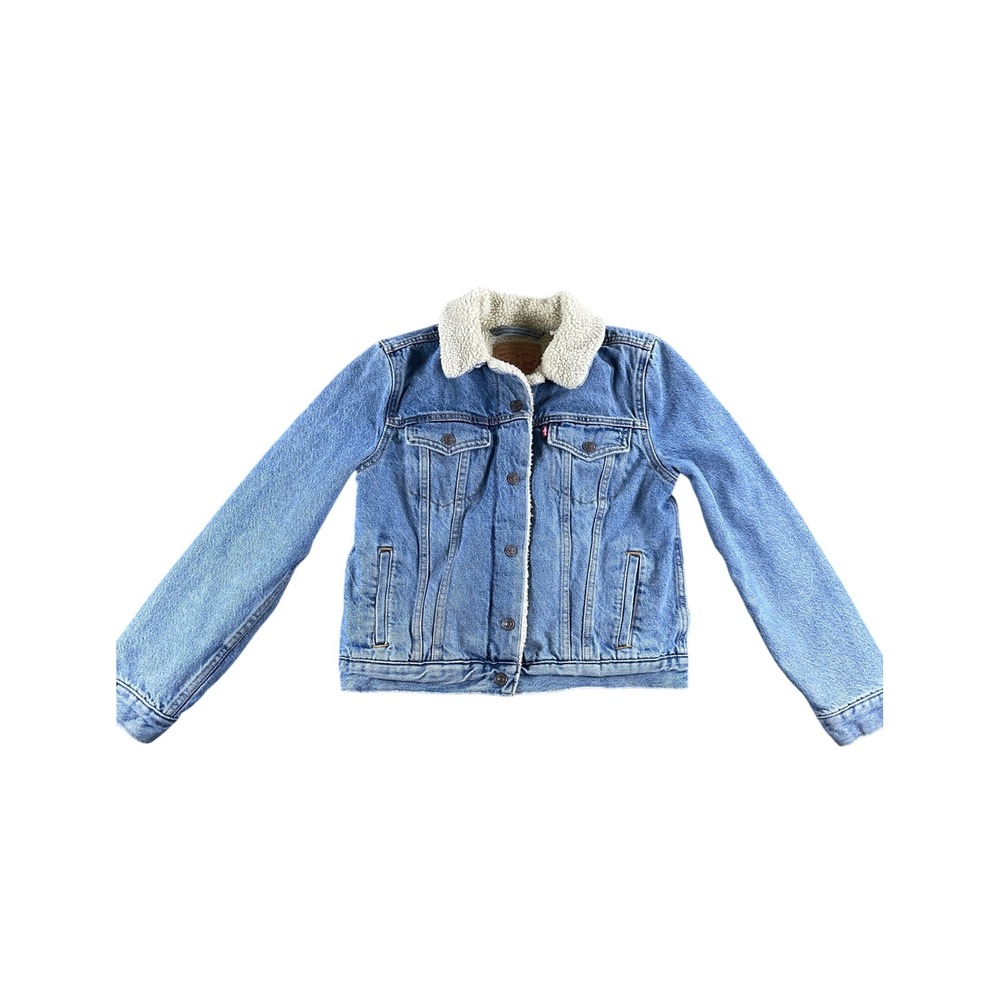Levis Sherpa Lined Denim Trucker Jacket Medium Wash Blue Small 0855